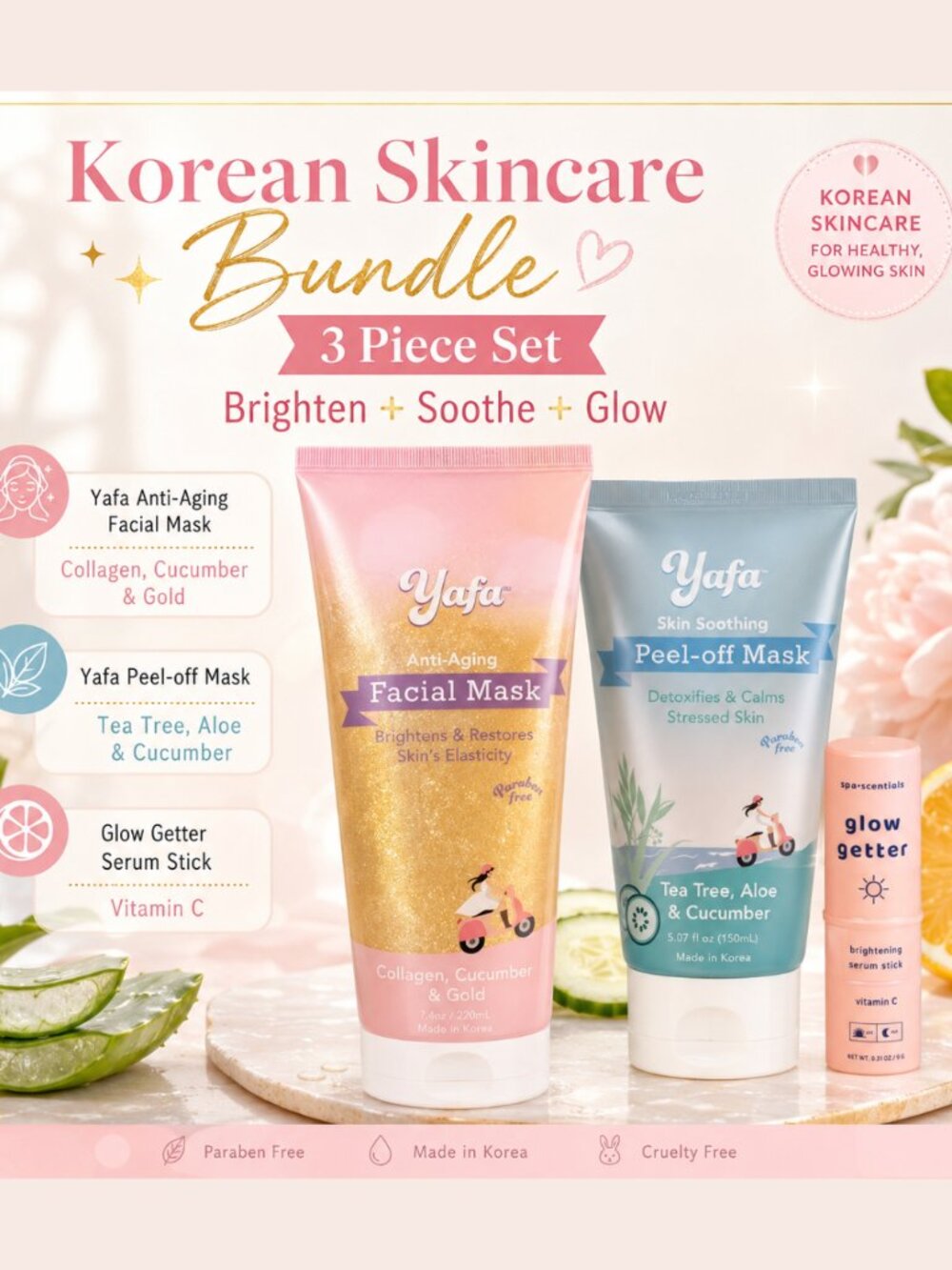 Yafa Korean Skincare Bundle | 2 Facial Masks + Hydrating Brightening Serum Stick